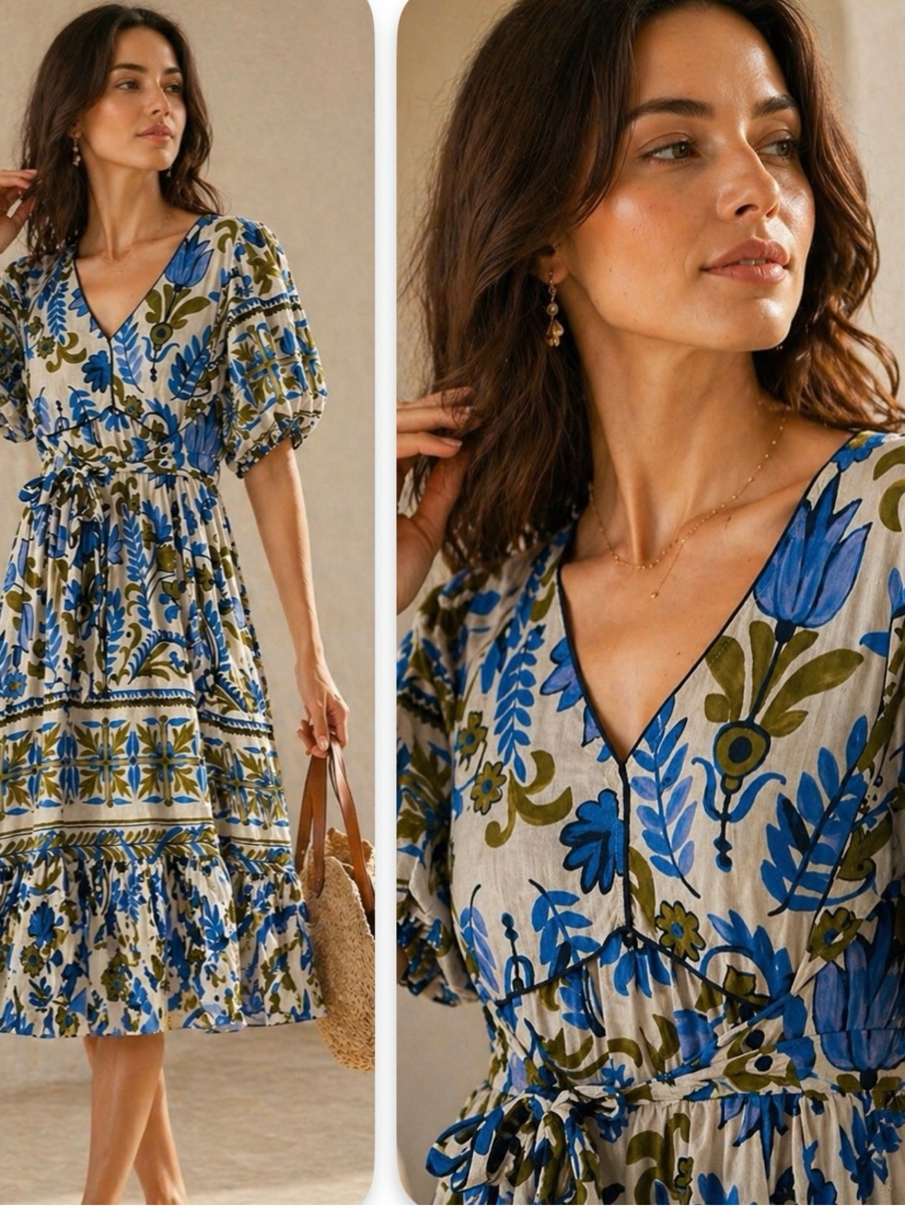 Anthropologie Fig + Flower Blue Green Floral Midi Dress Puff Sleeve Large